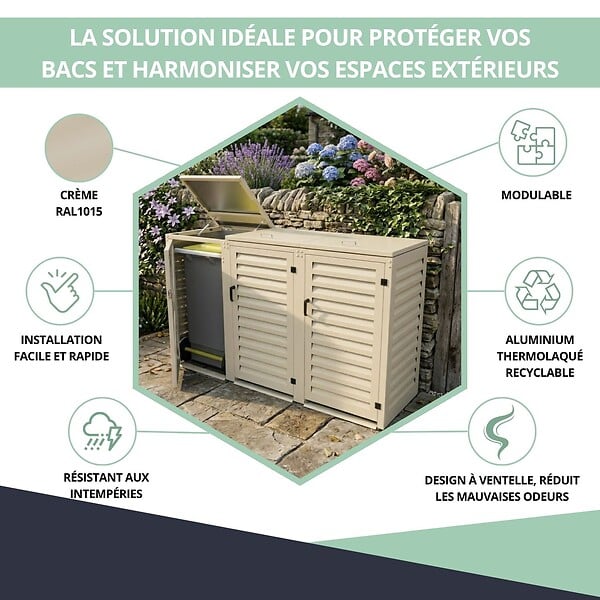 ATOLE - Abri poubelle - Cache poubelle Triple en Aluminium thermolaqué 3x120 Litres - Crème - large
