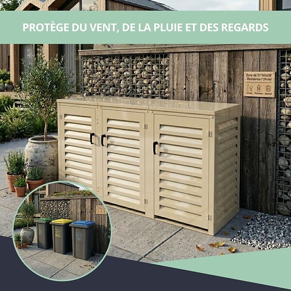 ATOLE - Abri poubelle - Cache poubelle Triple en Aluminium thermolaqué 3x120 Litres - Crème - large