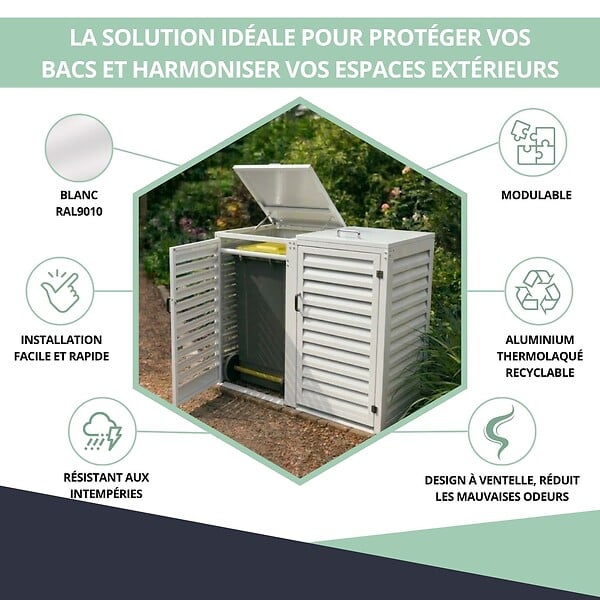 ATOLE - Abri poubelle - Cache poubelle Double en Aluminium thermolaqué - 2x120 Litres - Blanc - large