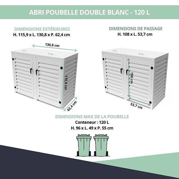ATOLE - Abri poubelle - Cache poubelle Double en Aluminium thermolaqué - 2x120 Litres - Blanc - large