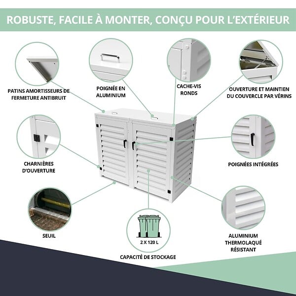 ATOLE - Abri poubelle - Cache poubelle Double en Aluminium thermolaqué - 2x120 Litres - Blanc - large