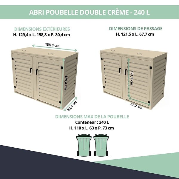 ATOLE - Abri poubelle - Cache poubelle Double en Aluminium thermolaqué 2x240 Litres - Crème - large