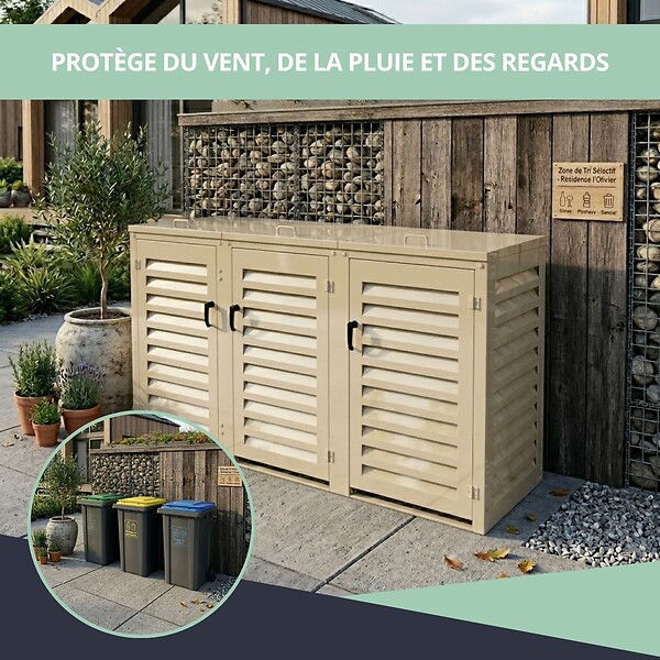 ATOLE - Abri poubelle - Cache poubelle Triple en Aluminium thermolaqué 3x240 Litres - Crème - large