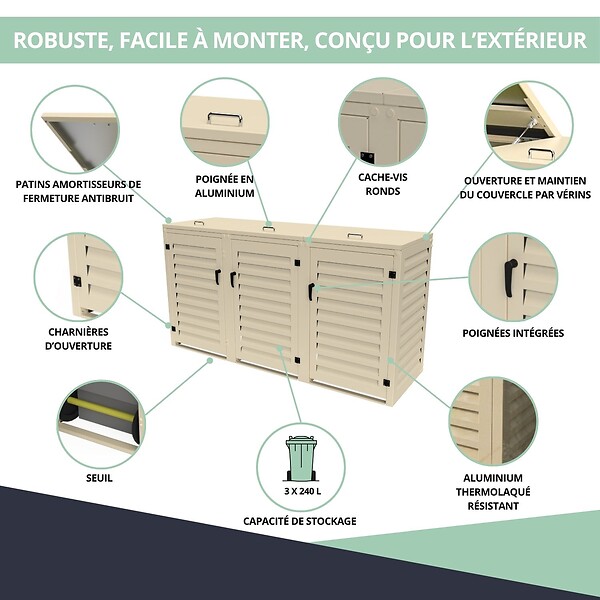 ATOLE - Abri poubelle - Cache poubelle Triple en Aluminium thermolaqué 3x240 Litres - Crème - large