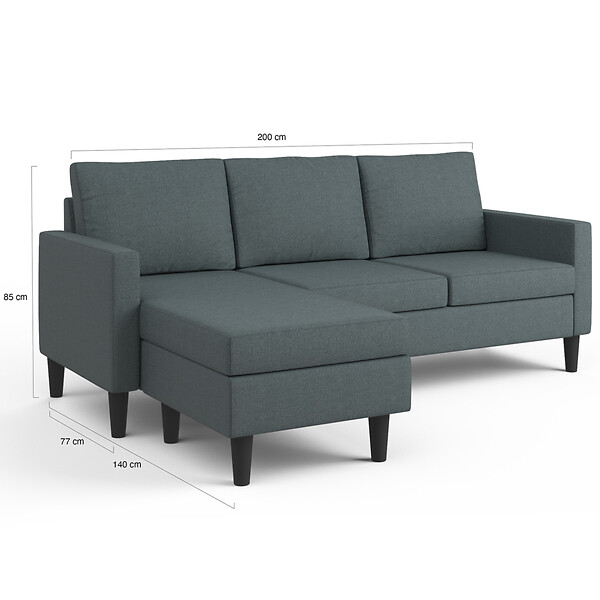 ID MARKET - Canapé d'angle réversible 3 places MARIUS 200 cm en tissu gris anthracite - large