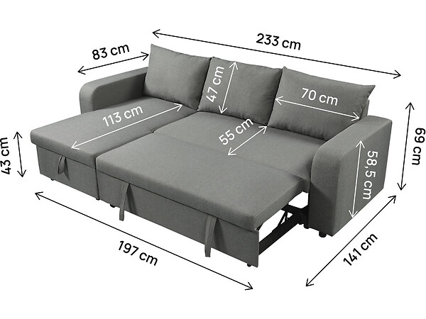 HABITAT ET JARDIN - Canapé d'angle réversible/convertible en tissu "Victor" - 3 places - Gris - large