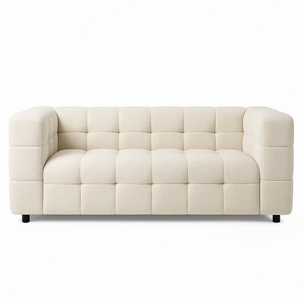 ID MARKET - Canapé droit 2 places capitonné AMANCE en tissu bouclette beige - large