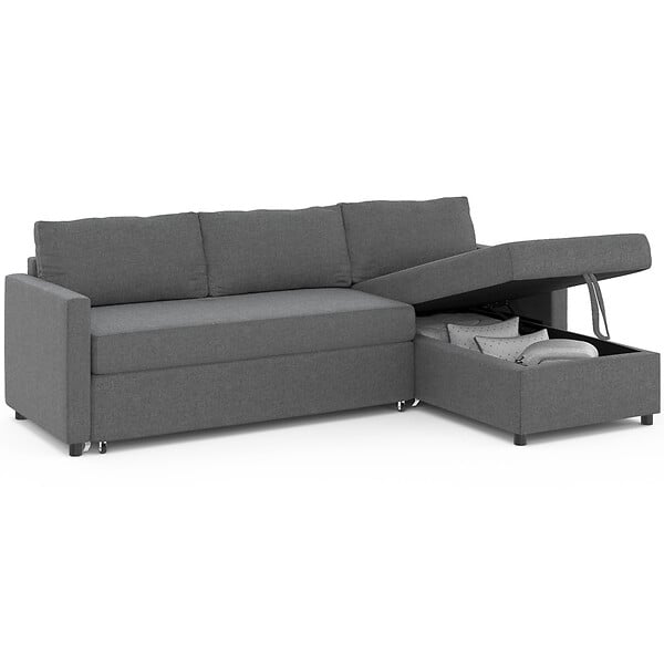 ID MARKET - Canapé d'angle convertible avec méridienne coffre NOAH en tissu gris anthracite - large