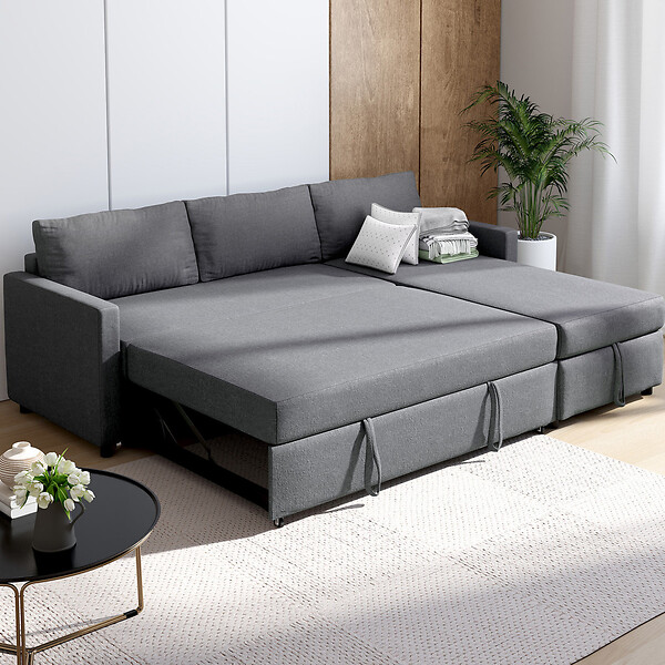 ID MARKET - Canapé d'angle convertible avec méridienne coffre NOAH en tissu gris anthracite - large