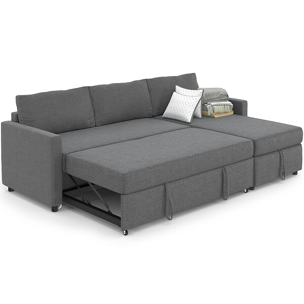 ID MARKET - Canapé d'angle convertible avec méridienne coffre NOAH en tissu gris anthracite - large