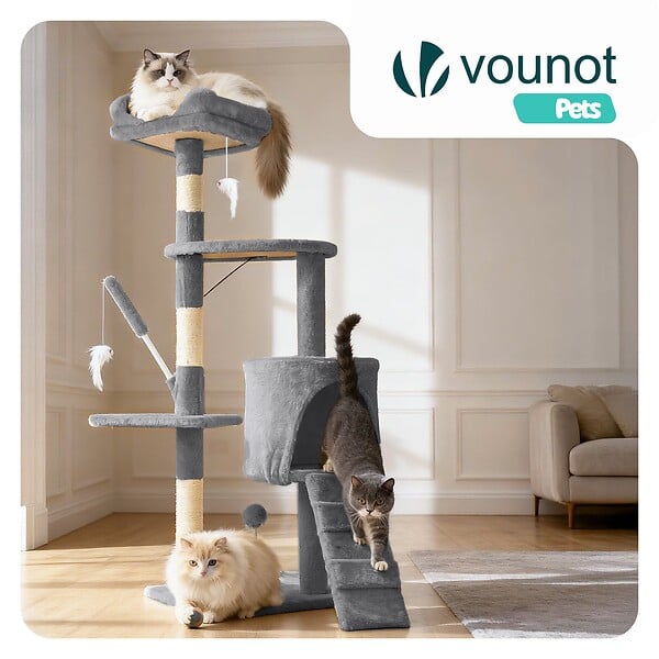 VOUNOT - Arbre a chat 112cm multi niveaux Griffoir et niche Gris - large