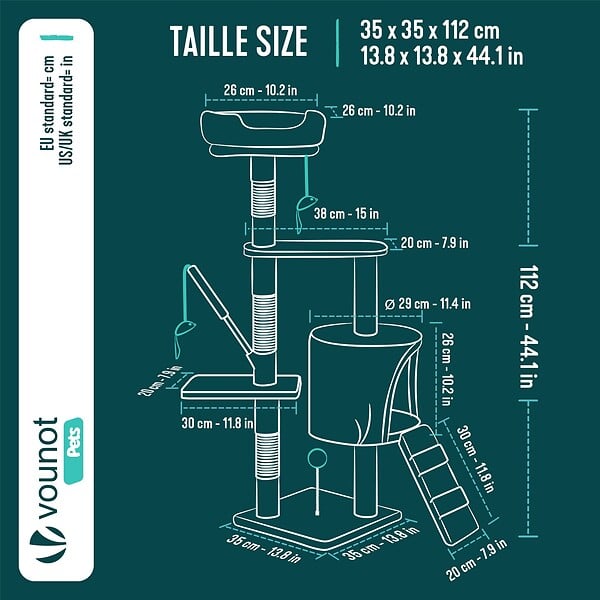 VOUNOT - Arbre a chat 112cm multi niveaux Griffoir et niche Gris - large
