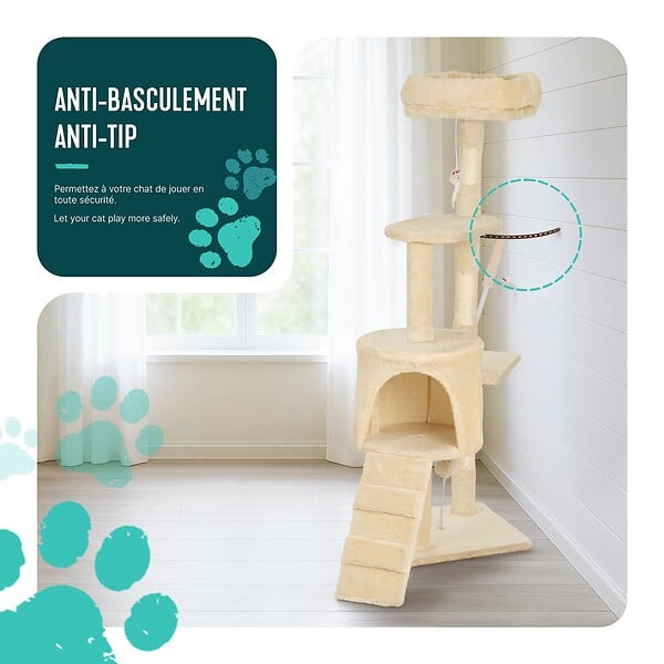 VOUNOT - Arbre a chat 112cm multi niveaux Griffoir et niche Beige - large