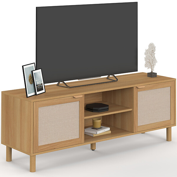 ID MARKET - Meuble TV 140 cm ROBIN 2 portes bois et tissu effet lin - large