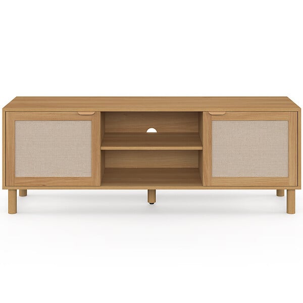 ID MARKET - Meuble TV 140 cm ROBIN 2 portes bois et tissu effet lin - large