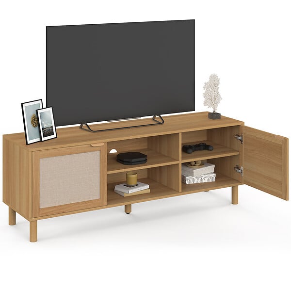 ID MARKET - Meuble TV 140 cm ROBIN 2 portes bois et tissu effet lin - large