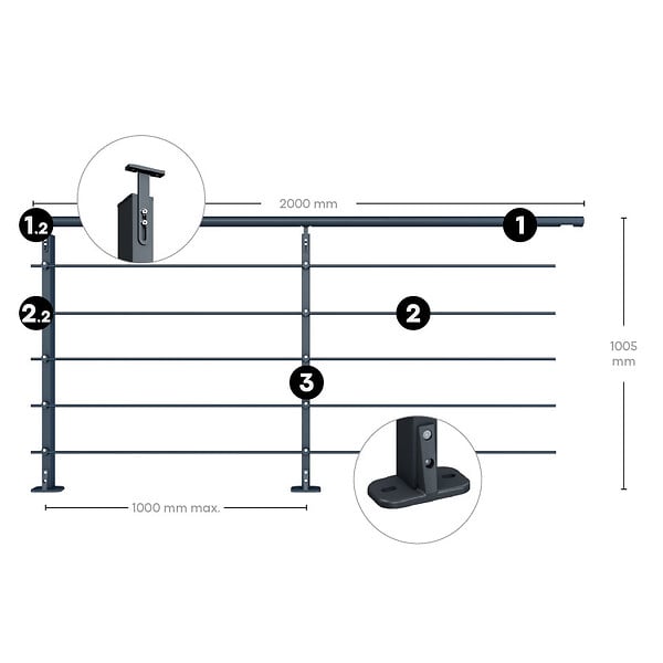 KORDO - Kit garde-corps aluminium gris anthracite 2m pose à plat, Initio KORDO - large