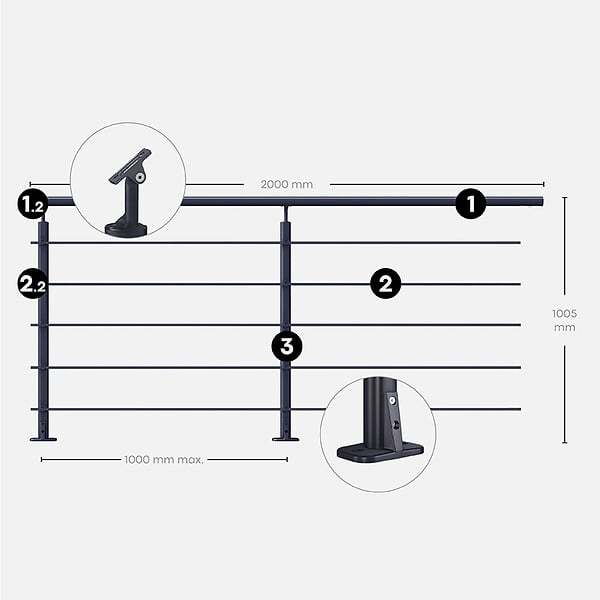 KORDO - Kit garde-corps aluminium gris anthracite 2m pose à plat, Opalu KORDO - large