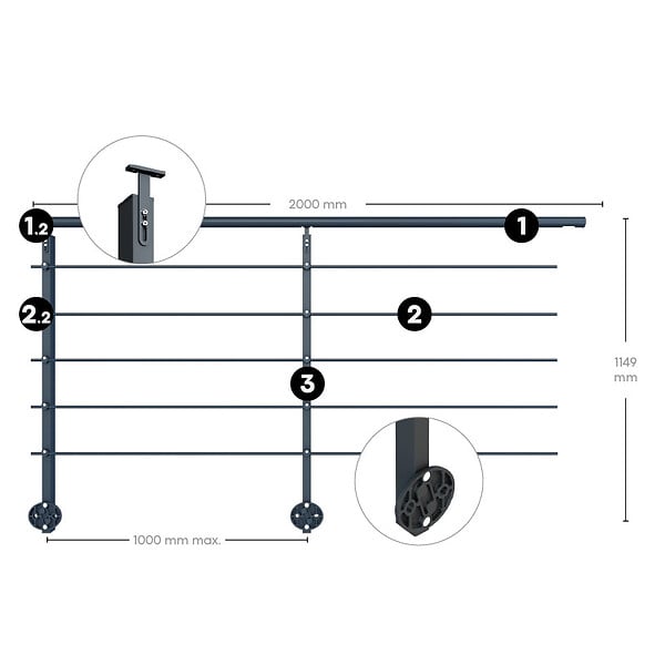 KORDO - Kit garde-corps aluminium gris anthracite 2m pose latérale, Initio KORDO - large