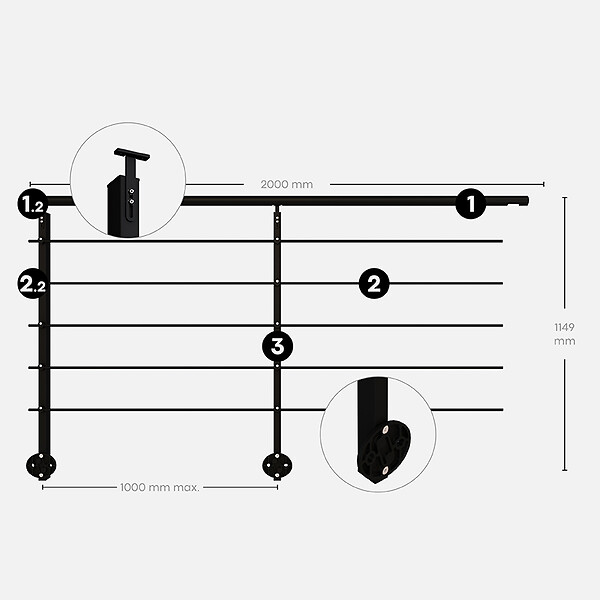 KORDO - Kit garde-corps aluminium noir 2m pose latérale, Initio KORDO - large