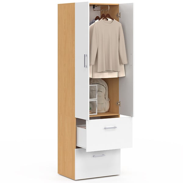 ID MARKET - Armoire 2 portes JULIANA blanc et bois penderie 50 cm avec 2 tiroirs - large