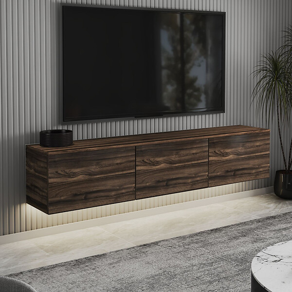 HABITAT ET JARDIN - Meuble TV suspendu en bois avec éclairage LED "Neon" - 160 x 32 x 35 cm - Marron - large