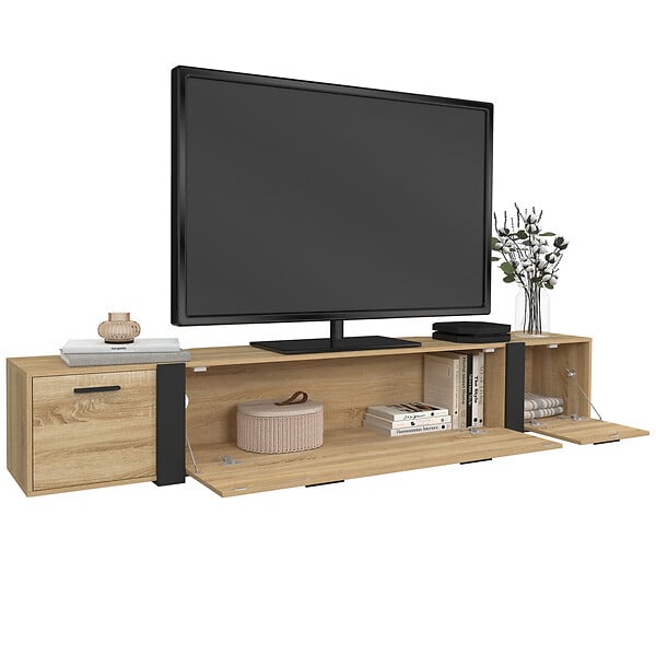 ID MARKET - Meuble TV 180 cm suspendu PHOENIX 3 portes design industriel - large