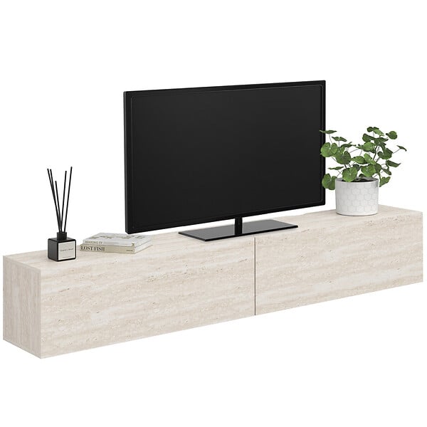 ID MARKET - Meuble TV 180 cm suspendu ELIO 2 portes bois effet travertin - large