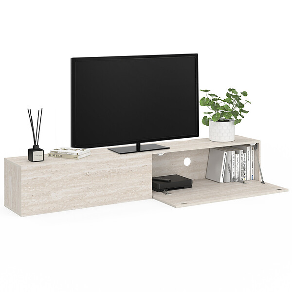 ID MARKET - Meuble TV 180 cm suspendu ELIO 2 portes bois effet travertin - large