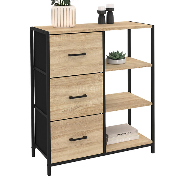 ID MARKET - Buffet d'appoint 3 tiroirs et étagères 70 cm UTAH design industriel - large