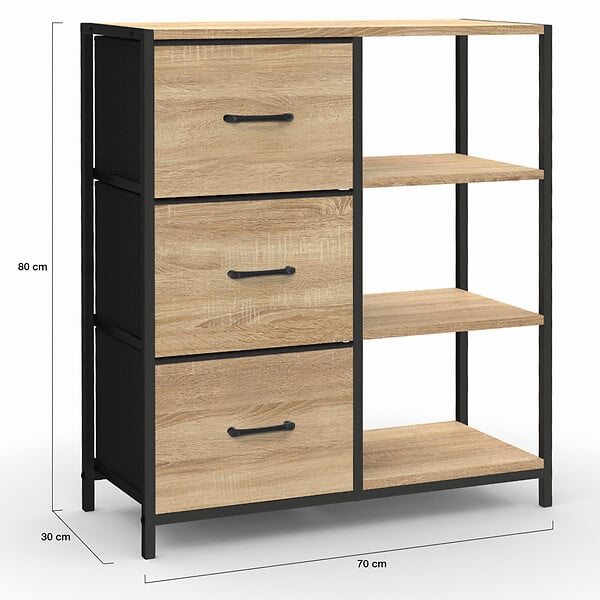 ID MARKET - Buffet d'appoint 3 tiroirs et étagères 70 cm UTAH design industriel - large