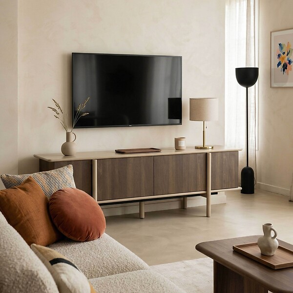 OVIALA - Meuble TV effet bois 4 portes 180 cm taupe - Nelio - large