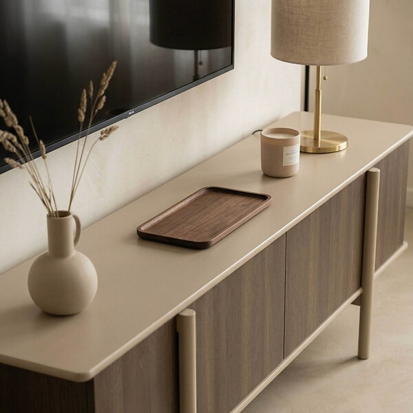 OVIALA - Meuble TV effet bois 4 portes 180 cm taupe - Nelio - large