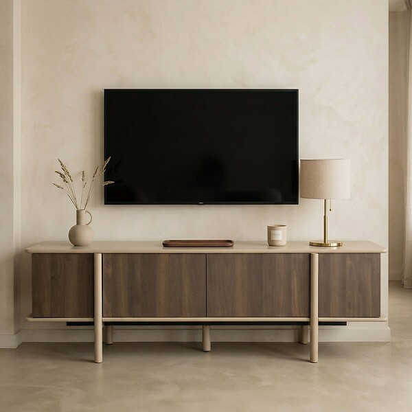 OVIALA - Meuble TV effet bois 4 portes 180 cm taupe - Nelio - large