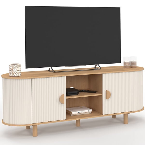 ID MARKET - Meuble TV 140 cm KANEL 2 portes effet cannelé beige et bois - large