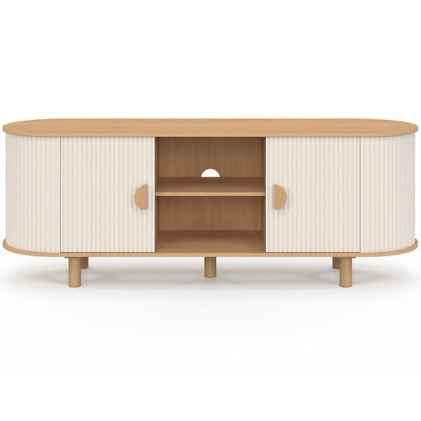 ID MARKET - Meuble TV 140 cm KANEL 2 portes effet cannelé beige et bois - large