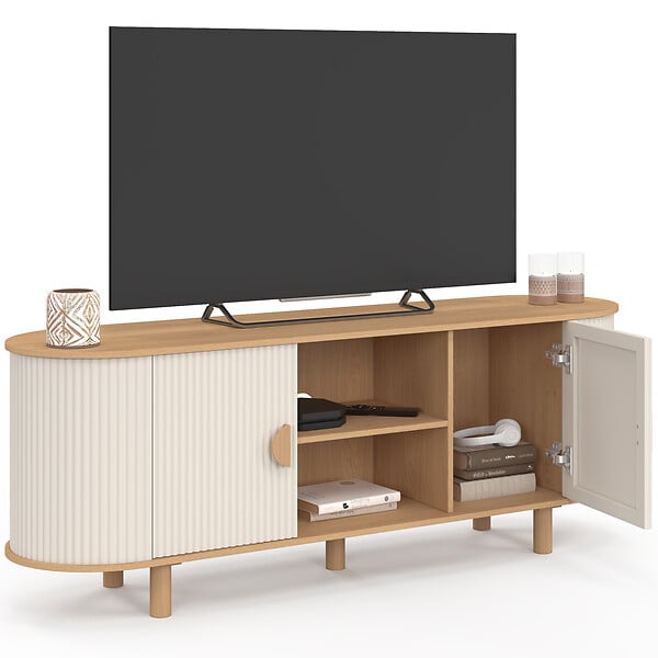 ID MARKET - Meuble TV 140 cm KANEL 2 portes effet cannelé beige et bois - large
