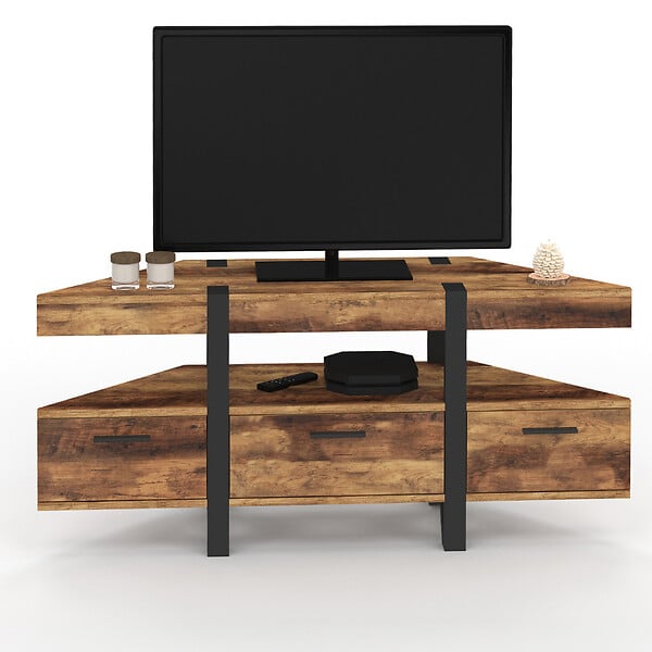 ID MARKET - Meuble TV 110 cm d'angle AUSTRIA bois pied épingle avec tiroirs - large