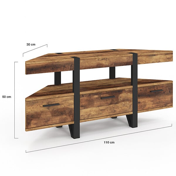 ID MARKET - Meuble TV 110 cm d'angle AUSTRIA bois pied épingle avec tiroirs - large
