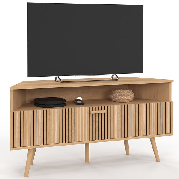 ID MARKET - Meuble TV 110 cm d'angle JULIETTE 1 porte effet lattes coloris chêne - large
