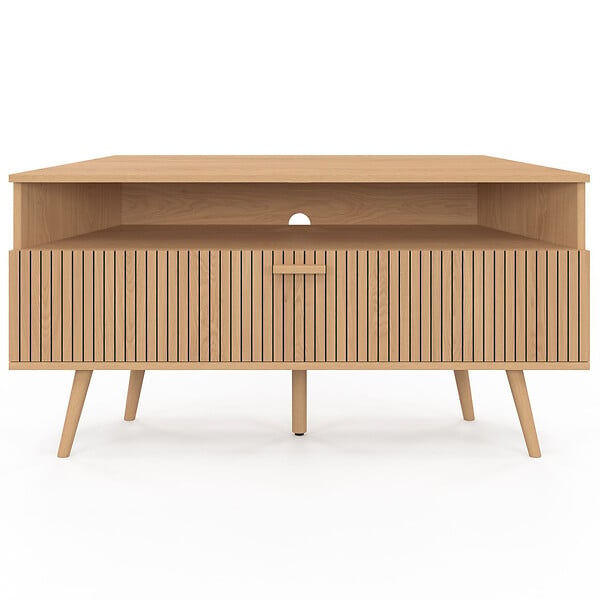ID MARKET - Meuble TV 110 cm d'angle JULIETTE 1 porte effet lattes coloris chêne - large