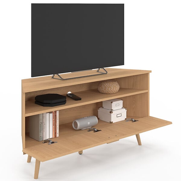 ID MARKET - Meuble TV 110 cm d'angle JULIETTE 1 porte effet lattes coloris chêne - large