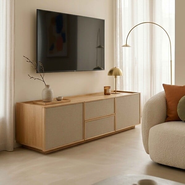 OVIALA - Meuble TV effet bois 150 cm style scandinave bois clair  - Tomy - large