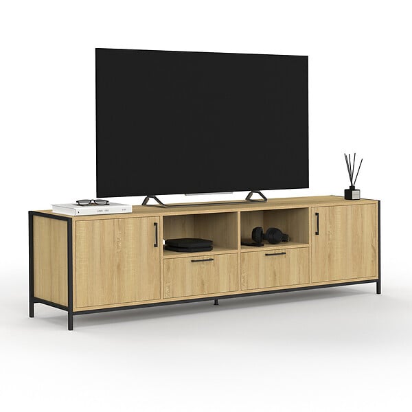 ID MARKET - Meuble TV 180 cm DETROIT 2 portes 2 tiroirs design industriel - large