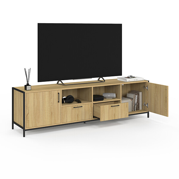 ID MARKET - Meuble TV 180 cm DETROIT 2 portes 2 tiroirs design industriel - large