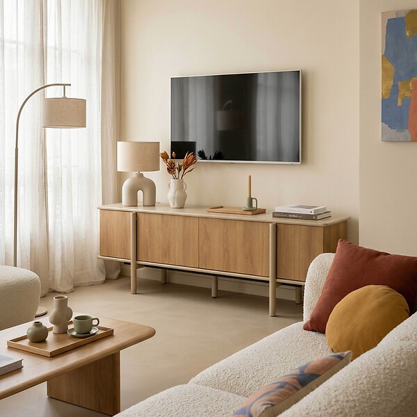 OVIALA - Meuble TV effet bois 4 portes 180 cm crème - Nelio - large