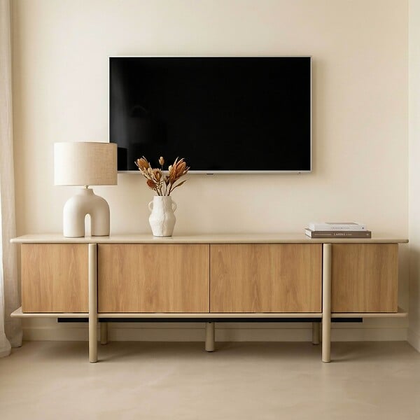 OVIALA - Meuble TV effet bois 4 portes 180 cm crème - Nelio - large