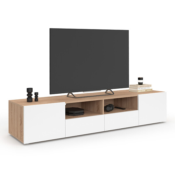 ID MARKET - Meuble TV 180 cm ELI bois façon hêtre portes blanches - large