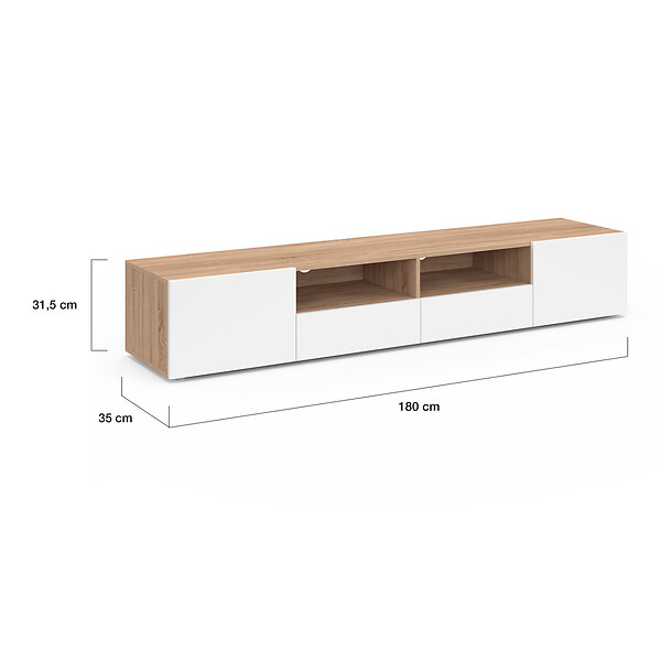 ID MARKET - Meuble TV 180 cm ELI bois façon hêtre portes blanches - large