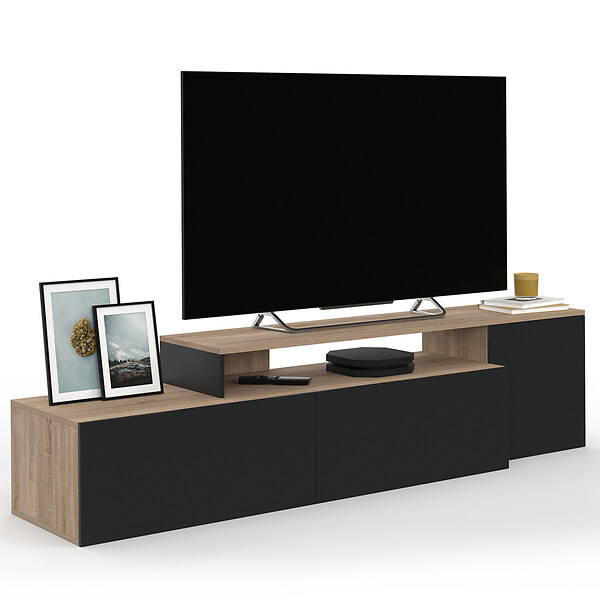 ID MARKET - Meuble TV 140-180 cm modulable d'angle BASILE rotatif bois et noir - large